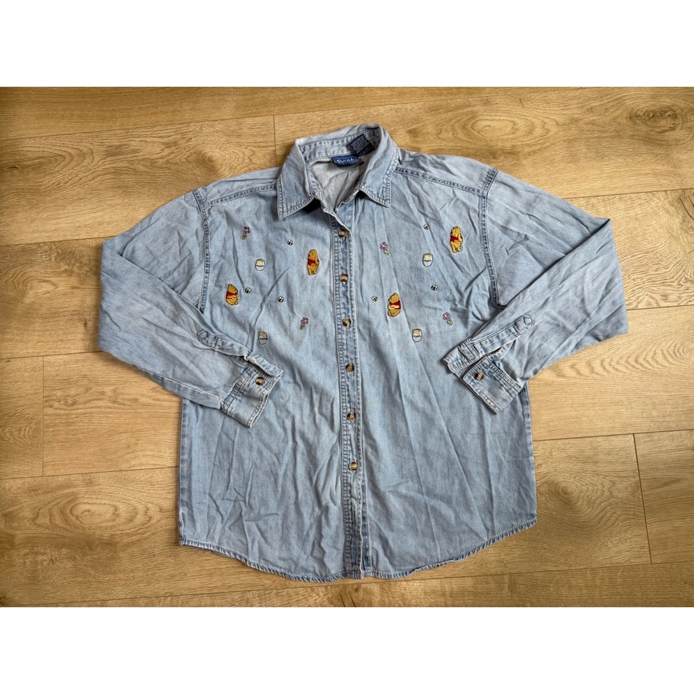 Winnie the Pooh Disney Store Vintage Embroidered Denim Shirt Sz M Hunny Pot